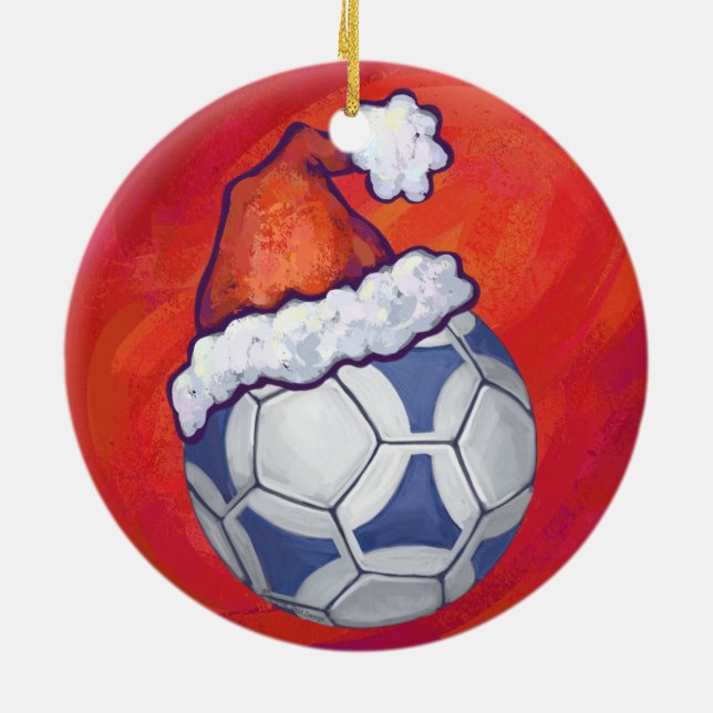 Blue and White Festive Soccer Ball on Red Keramikornament (Hinten)