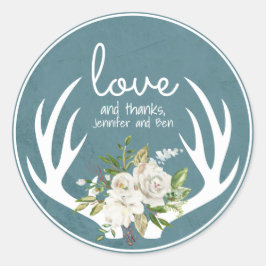Blue and White Floral Boho Antlers Vielen Dank Runder Aufkleber
