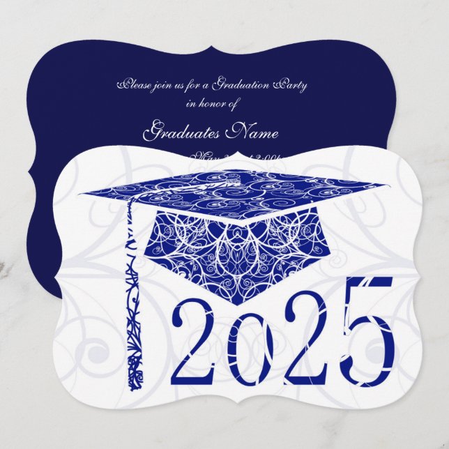 Blue and White Floral Cap 2025 Graduation Party Einladung (Vorne/Hinten)