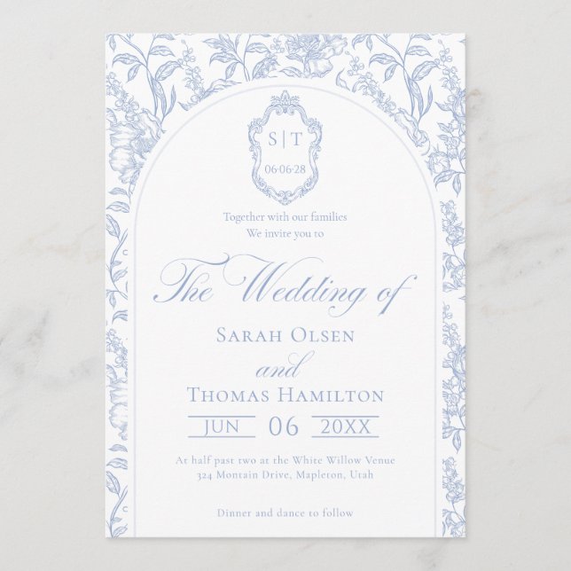 Blue and White Floral Chinoiserie Monogram Wedding Einladung (Vorderseite)
