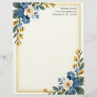 Blue and White Floral Corners Stationery Paper Briefbogen