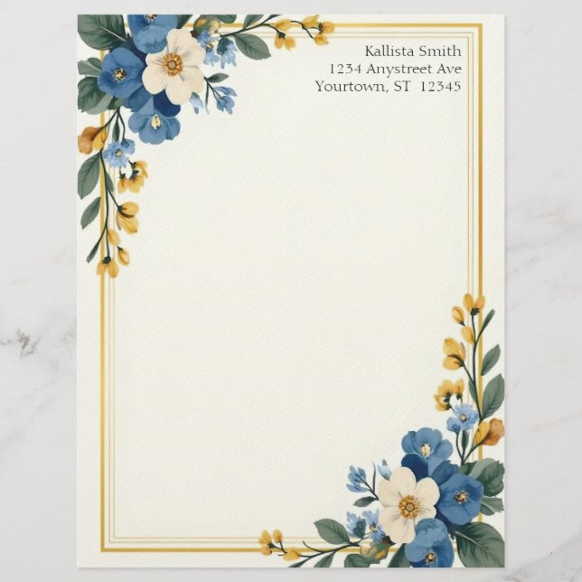 Blue and White Floral Corners Stationery Paper Briefbogen (Vorderseite)
