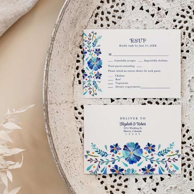 Blue and White Floral Fiesta Wedding RSVP Card Dankeskarte (Blue and White Floral Fiesta Wedding RSVP Card on a neutral boho wedding table.)