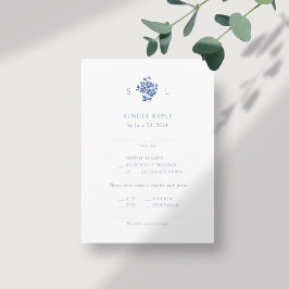 Blue and White Floral Monogram Wedding RSVP Begleitkarte