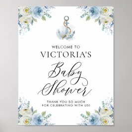 Blue and White Floral Nautical Baby Dusche Empfang Poster