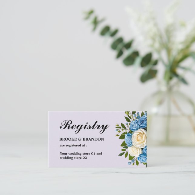 Blue and White Floral Wedding Registry Begleitkarte (Stehend Vorderseite)