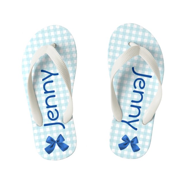 Blue and White Gingham Girls Flip Flops (Fußbett)