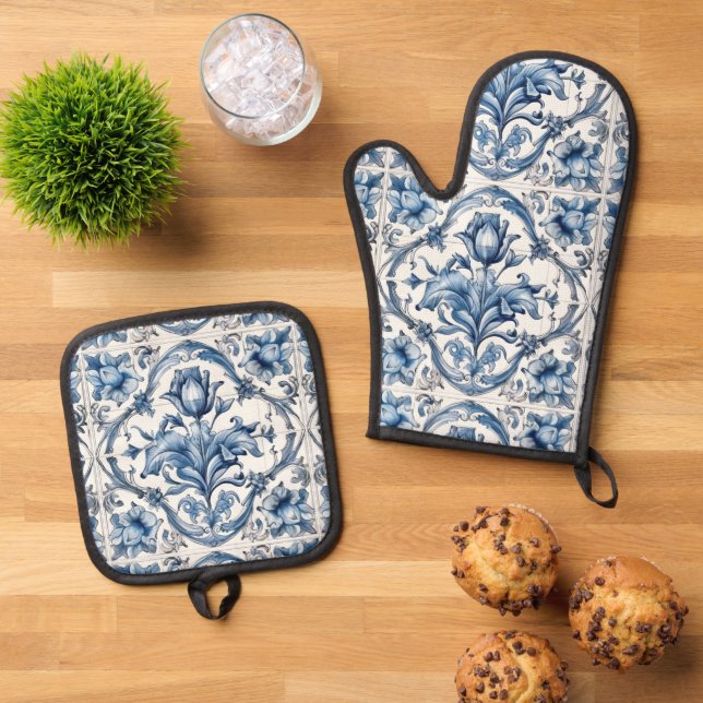 Blue and White Holland Tile Ofenhandschuh & Topflappen-Set (Oben Unten)