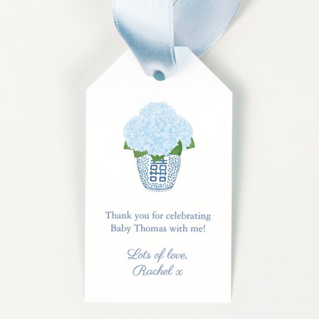 Blue and White Hydrangea Ginger Jar Baby Dusche Geschenkanhänger (Chinoiserie Chic Watercolor Navy Blue & White Ginger Jar With Blue Hydrangeas Baby Shower Favor Tags)