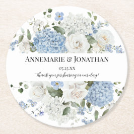 Blue and White Hydrangeas and Roses Floral Wedding Runder Pappuntersetzer