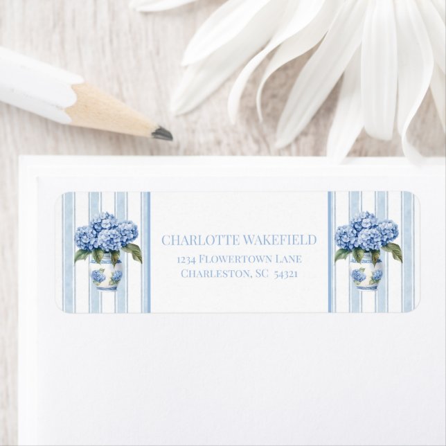 Blue and White Hydrangeas on Stripes Monogram (Insitu)