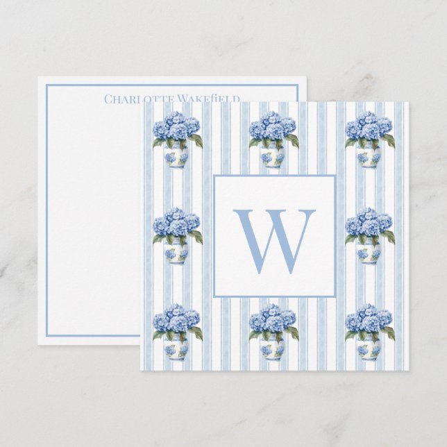 Blue and White Hydrangeas on Stripes Monogram Mitteilungskarte (Vorne/Hinten)