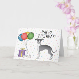 Blue and White Italian Greyhound - Happy Birthday Karte