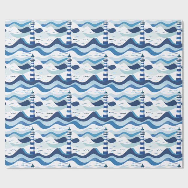 Blue and White Lighthouse Nautical  Geschenkpapier (Flach)