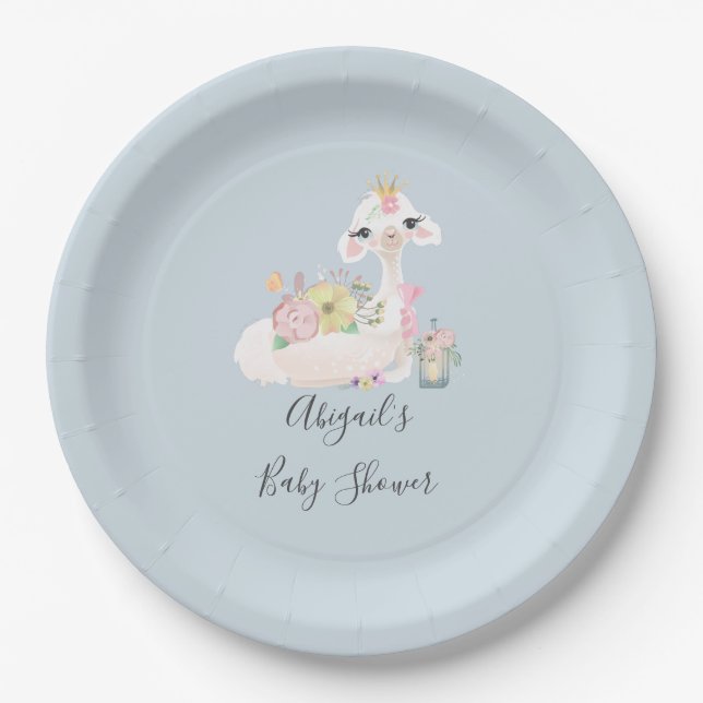Blue and White Llama Baby Boy Dusche Pappteller (Vorderseite)