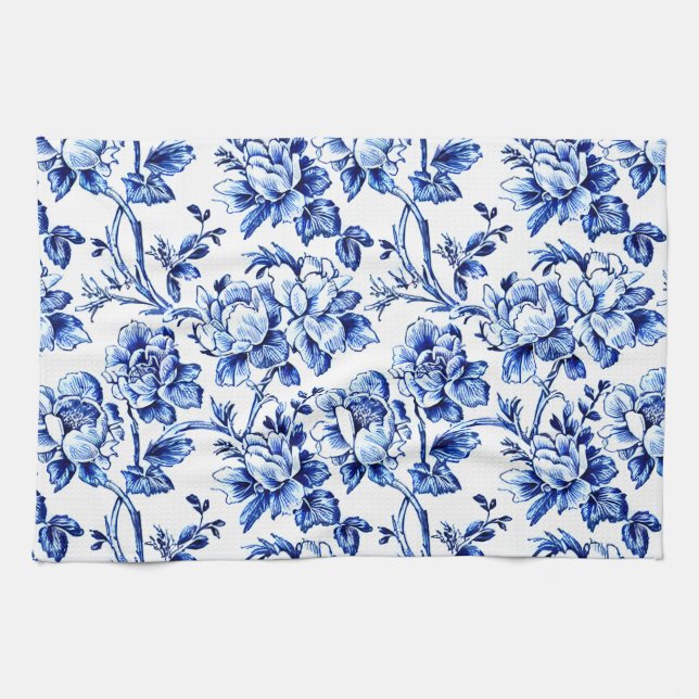 Blue and White Magnolias Toile de Jouy Geschirrtuch (Horizontal)