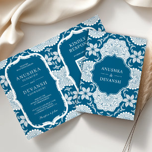 Blue and White Mandala QR Code Indian Wedding Einladung