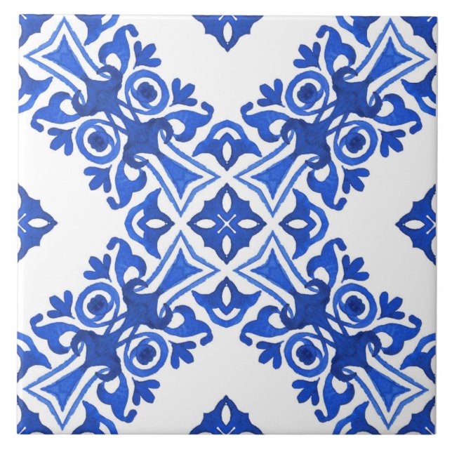 Blue and White Mediterranean Patterned Fliese (Vorderseite)