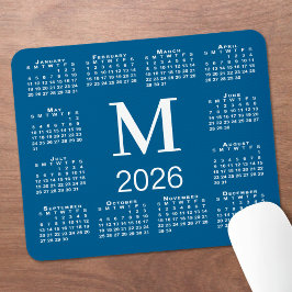 Blue and White Monogram 2026 Calendar Mousepad