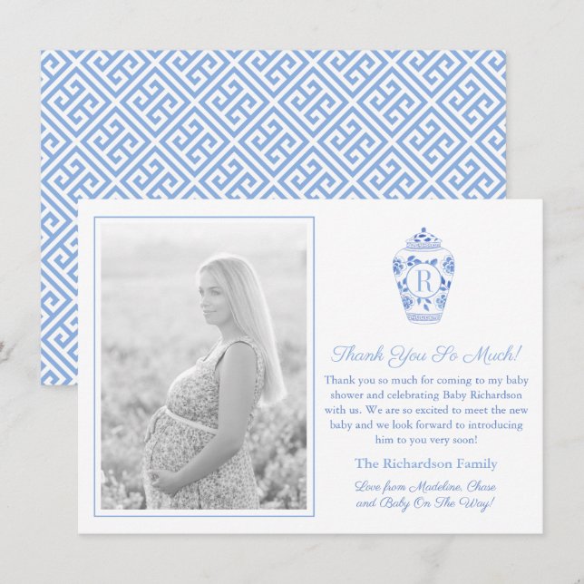 Blue and White Monogram Baby Shooting Picture Dankeskarte (Vorne/Hinten)