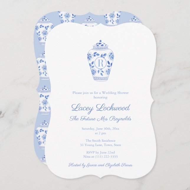 Blue and White Monogram Future Mrs. Brautparty Einladung (Vorne/Hinten)