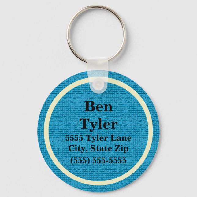 Blue and White Name Address Phone Keychain Schlüsselanhänger (Vorderseite)