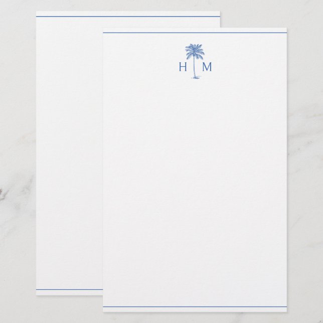 Blue and White Palm Palmetto Tree Monogram Briefpapier (Vorne/Hinten)
