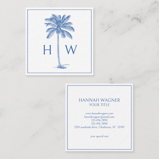Blue and White Palm Palmetto Tree Monogram Quadratische Visitenkarte (Vorne/Hinten)