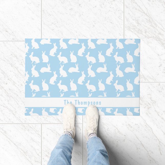 Blue And White Pattern Of Bunnies With A Name Fußmatte (Indoor)