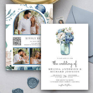 Blue and White Peony Mason Jar QR Code Hochzeit Einladung