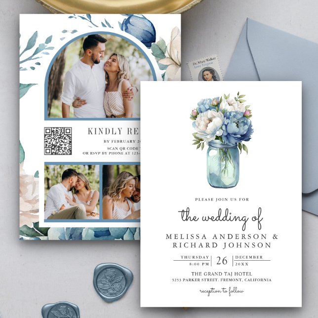 Blue and White Peony Mason Jar QR Code Hochzeit Einladung (Von Creator hochgeladen)