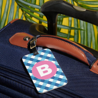 Blue and White Plaid Checked Pink Monogram Gepäckanhänger