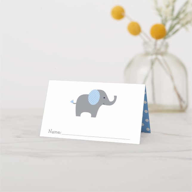 Blue and White Polka Dot Elephant Baby Dusche Platzkarte (Vorderseite)