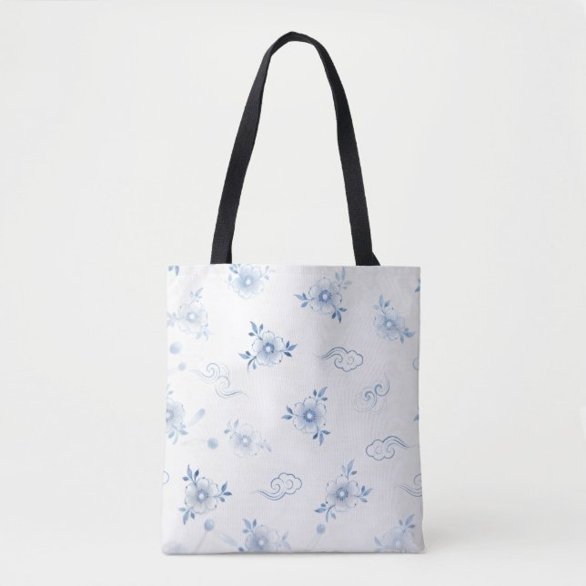 Blue and White Porcelain Floral Pattern Tote Bag (Devant)