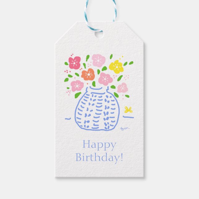 Blue and White Posy Vase Gift Tag Geschenkanhänger (Vorderseite)