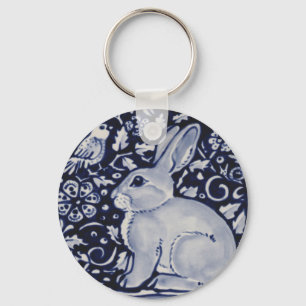 Blue and White Rabbit with Bird Tile Design Schlüsselanhänger