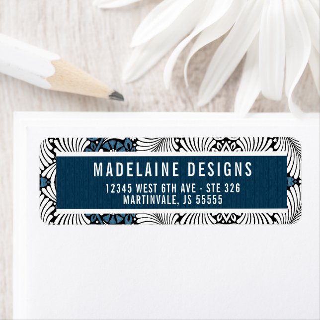 Blue and White Retro Themed Fern Leaf-Adresse (Insitu)