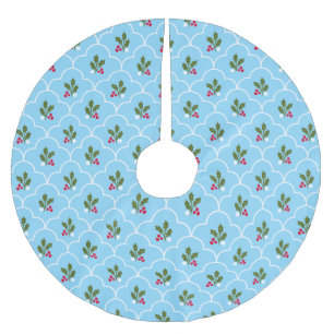 Blue and White Scallop Holly Berry Weihnachten Polyester Weihnachtsbaumdecke