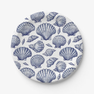 Blue and White Seashell Clam Muschel Beach Teller