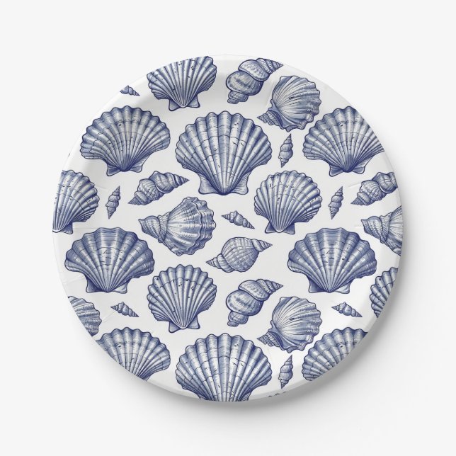 Blue and White Seashell Clam Muschel Beach Teller (Vorderseite)