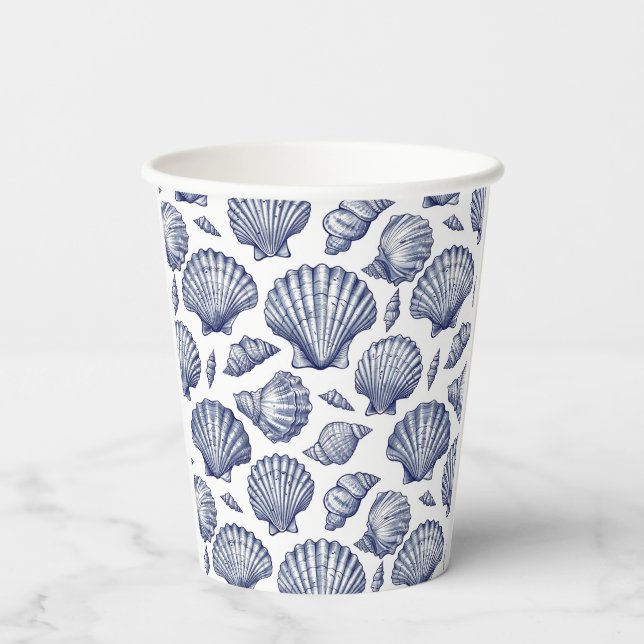 Blue and White Seashell Muschel Beach Paper Cups Pappbecher (Rückseite)