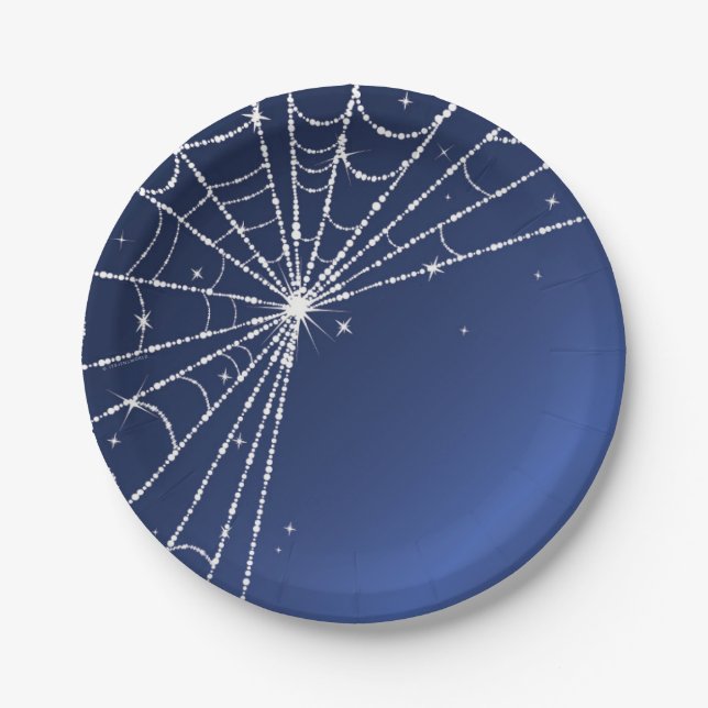 Blue and White Sparkling Diamond Spider Web Pappteller (Vorderseite)