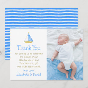 Blue and White Stripe Sailboat Babydusche Dankeskarte
