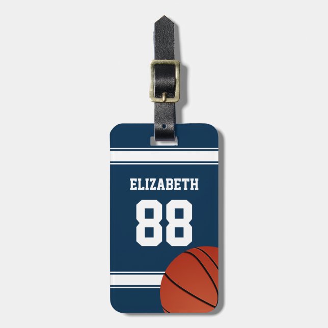 Blue and White Stripes Basketball Jersey Gepäckanhänger (Vorderseite vertikal)