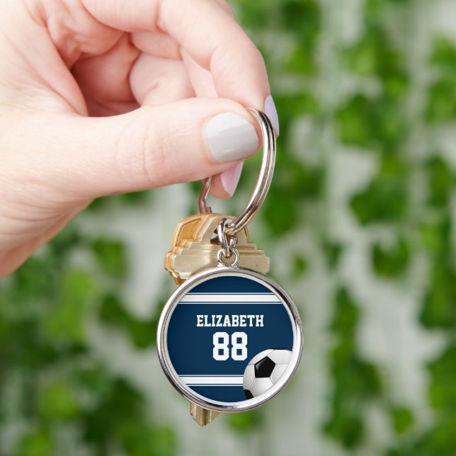 Blue and White Stripes Jersey Soccer Ball Schlüsselanhänger (Hand)