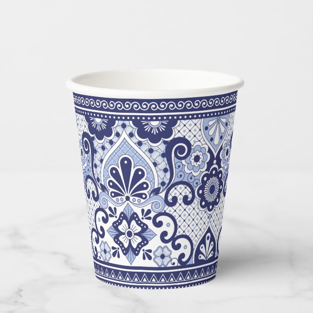 Blue and White Talavera Mexican Folk Art Tasse Pappbecher (Vorderseite)