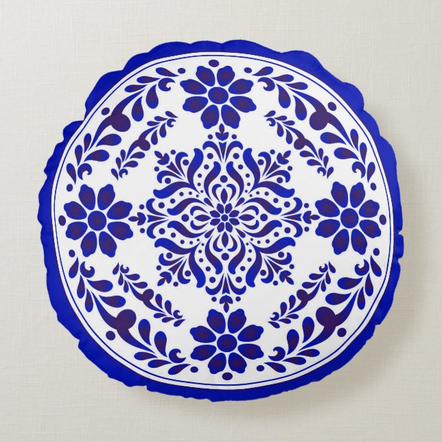 Blue and White Talavera Three Rundes Kissen (Vorderseite)