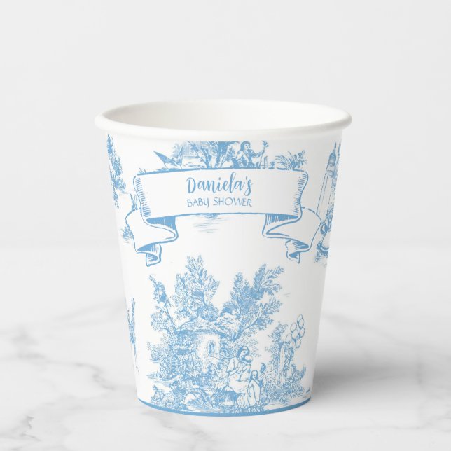 Blue and White Toile de Jouy Baby Dusche Pappbecher (Vorderseite)