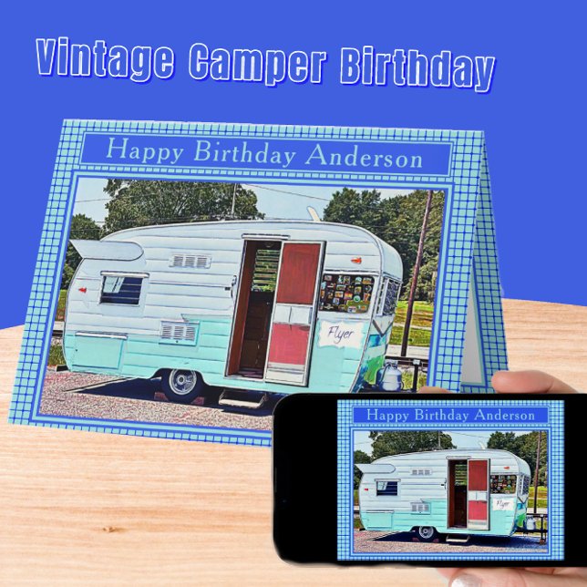 Blue and White Vintag Camper Happy Birthday Karte (Von Creator hochgeladen)