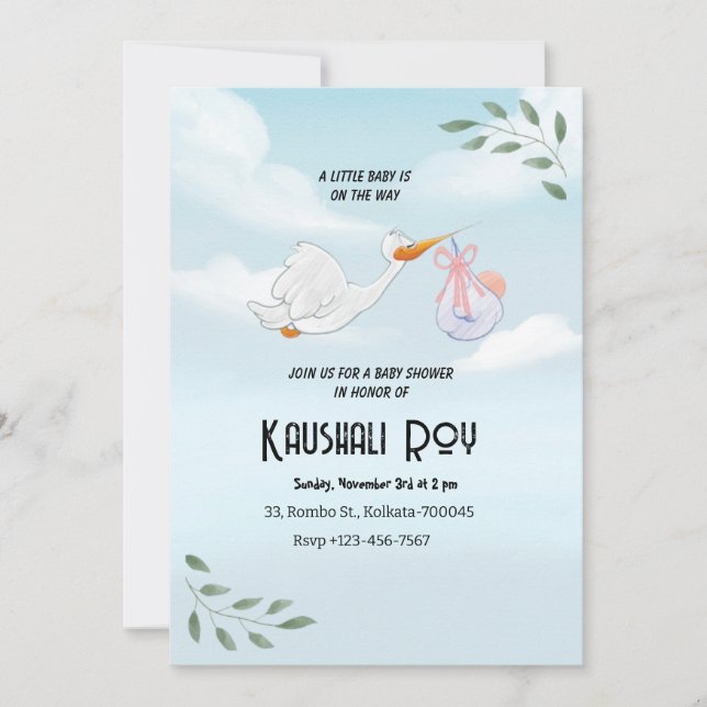 Blue and White Watercolor Baby Dusche Einladung (Vorderseite)